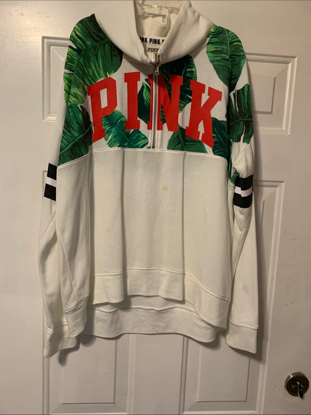 PINK Victoria's Secret White Hoodie with Green Palm Print and Red Logo